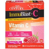 ImmuBlast-C Vitamin C 1000 mg, Effervescent Drink Mix - Raspberry Burst Flavor, 30 Packets, 21st Century HealthCare