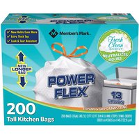 Members Mark Power Flex Tall Kitchen Drawstring Trash Bags, 13 Gallon, 200 Bags