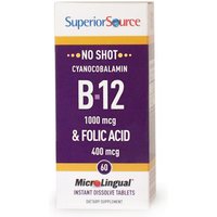 No Shot B12 1000 mcg, Folic Acid 400 mcg, 60 Instant Dissolve Tablets, Superior Source