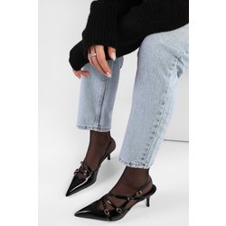 Shoeberry Joelle – Spitz Zulaufende Stilettos Aus Schwarzem Lackleder Mit Gürtelschnalle - 40