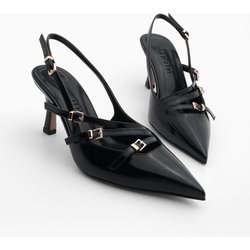 Marjin Stilettos Mit Spitzer Spitze, Dreireihigem Gürteldetail, Offener Rückseite Und Absatz, Bevil, Schwarzes Lackleder - 39
