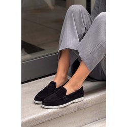 NİŞANTAŞI SHOES Aspire Schwarz Echtes Wildleder Flache Sohle Babet für Damen - 36