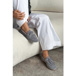 NİŞANTAŞI SHOES Martha Stone Graue Ballerinas Aus Echtem Wildleder Mit Flacher Sohle Und Schnürung für Damen - 36