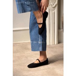 NİŞANTAŞI SHOES Arjun Schwarz Echtes Wildleder Einzelne Band Detail Flache Sohle Babet für Damen - 36