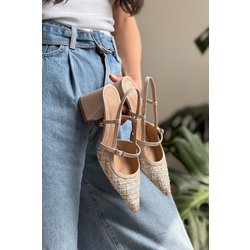 NİŞANTAŞI SHOES Retro Bunte Kelim Beige Gürtel Detail Spitze Zehe Schuhe Mit Absätzen für Damen - 37