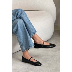 NİŞANTAŞI SHOES Giallo Schwarz Crinkle Matte Gürtel Detail Stapled Flache Sohle Babet für Damen - 37