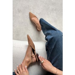 NİŞANTAŞI SHOES Loney Taba Wildleder Spitze Zehe Schnalle Detaillierte Kurze Hochhackige Babet für Damen - 36