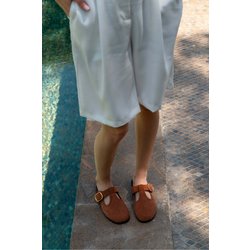 NİŞANTAŞI SHOES Serry Taba Echtes Wildleder Schnalle Detaillierte Flache Sohle Hausschuhe für Damen - 38