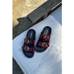 NİŞANTAŞI SHOES Simon Burgundy Crinkle Matte Zwei Schnallen Flache Sohle Hausschuhe für Damen - 36