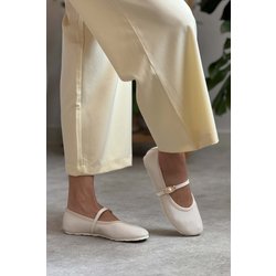 NİŞANTAŞI SHOES Bonbon Beige Matte Gürtel Detaillierte Flache Sohle Babet für Damen - 40