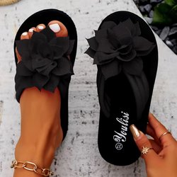 Bestellen Sie eine Nummer größer, Ganzjahres-Flip-Flops mit Blumenverzierung – 1 Stück Damen-Slipper in einfarbiger Urlaubsoptik – Obermaterial aus Stoff, Sohle und Innensohle aus EVA, mittlerer Absatz 39 schwarz