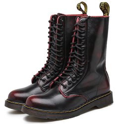 Neue Paarstiefel aus echtem Leder, Motorradschuhe, atmungsaktiv, lang, bis zur Mitte der Wade, rutschfest, warme Baumwolle, Chelsea-Boots für Herren und Damen 48 wein rot