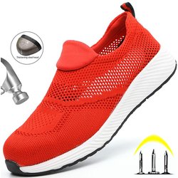 Sommer Atmungsaktive Arbeitssicherheitsschuhe Männer Frauen Arbeitsschuhe Leichte Stahlkappe Unzerstörbare Schuhe Anti-Zerschlagung Sicherheitsarbeitsstiefel 37 rot