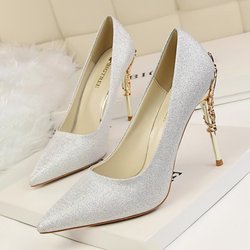 BIGTREE Damenmode Sexy Metallabsatz High Heels Flacher Mund Spitze Satin Einzelschuhe 39 silber