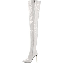 Sexy Damen-Overknee-Stiefel, Mädchen-High-Heel-Stiefel, plissiertes Lackleder, Motorrad, spitze Zehen, Reißverschluss-Schuhe 43