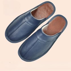 Kuh Leder Hausschuhe Männer Große Größen Leinen Hause Männliche Innen Haus für männer Hausschuhe Frauen Mann Slipper Luxus Weiche flache Schuhe 44-45 blau