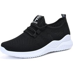 Atmungsaktive Strick-Sportschuhe für Damen mit dicker Sohle, lässige Outdoor-Schnürschuhe, bequeme Laufschuhe mit niedrigem Schaft 42 schwarz