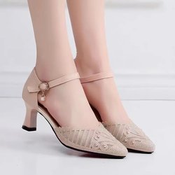 Damensandalen Mesh Hohldesign Strassverzierung Weiche Leder Damensandalen Rutschfeste Weiche Sohle Atmungsaktive Pendler-High Heels 40 beige