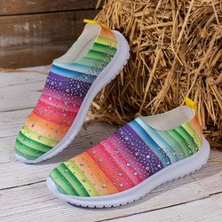 Slip-On-Sneakers mit Strass-Dekor für Damen – Bequeme, gestrickte Low-Top-Sneaker für lässiges Gehen im Fitnessstudio 42 bunt