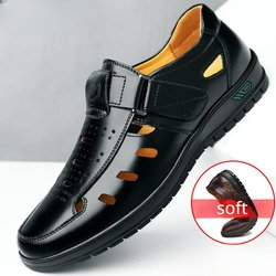 Sommer Hohl Leder Sandalen Männer Casual Atmungsaktive Weichen Boden Weiche Oberfläche Loch Schuhe Mittleren Alters Business Papa Schuhe 39 schwarz