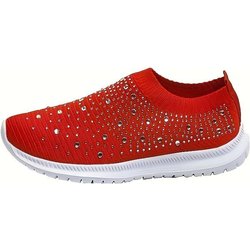 Slip-On-Sneakers mit Strass-Dekor für Damen – Bequeme, gestrickte Low-Top-Sneaker für lässiges Gehen im Fitnessstudio 41 rot