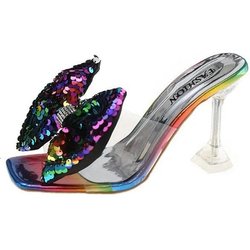 WTEMPO Vielseitig Quadratische Zehe Sandalen Frauen Kristall Mode Bogen Dünne Ferse Party Bunte Kühle Komfortable Transparente High Heels Dropshipping Großhandel 35 bunt