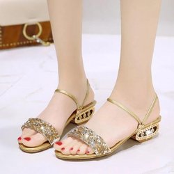 Damen Sommer All-Match Dicker Absatz Flache Strass-Sandalen Hausschuhe mit doppeltem Verwendungszweck Rutschfeste, verschleißfeste Sandalen Einfache, lässige Strandschuhe 35 gold