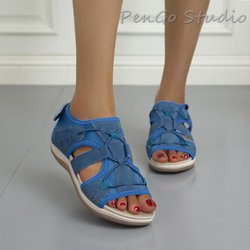 Sommer runde Zehen Freizeitschuhe Klettverschluss flache leichte atmungsaktive Sandalen Damenschuhe 43
