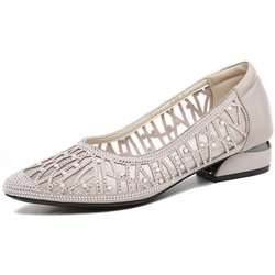 Sandalen mit niedrigem Absatz und hohlem Netzstoff, Strass-Dekoration, spitzer Zehenbereich, flacher Slipper, weiches Leder, Damenpumps, atmungsaktiv, leicht, bequem 41 silber