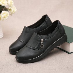 Mode Weiches Leder Runde Kopf Frauen Casual Wohnungen Damen Seite Zipper Flache Schuhe Mutter Einzelnen Schuh 39 matte schwarze