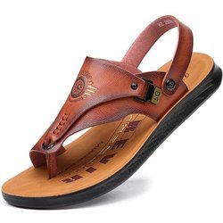 Trendige Herren-Ledersandalen, Flip-Flops, lässige Sandalen, atmungsaktive Sommersandalen für Herren, rutschfeste Strandhausschuhe, bequeme flache Sandalen 43