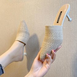 Strass Spitz Hausschuhe Damen Oberbekleidung Baotou Halb Hausschuhe All-Match High Heels Damen 40 apricot