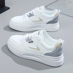 Bestellen Sie Freizeit- und modische Damen-Sneakers mit Buchstaben-Patch und Farbblock-Skateschuhen, niedrige Schnürschuhe, eine Nummer größer 37 grau
