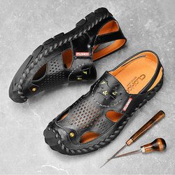 Sommer Herren Sandalen Echtes Rindsleder Atmungsaktiv Hohl Strandschuhe Lochschuhe Weiche Sohle Atmungsaktive wasserdichte Sandalen 38 schwarz