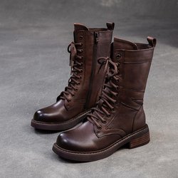 Johnature Britischer Stil Niedrig Absatz Mid-Calf Stiefel Retro Echtes Leder Schnürschuhe Damenschuhe 37 kaffeebraun
