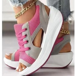 Bestellen Sie eine Nummer größer Mode Damen Sandalen Sommer Neue Dame Plateau Chunky Bequem Mesh Offene Spitze Casual Sport Damen Schuhe Plus Größe 43 37 rot