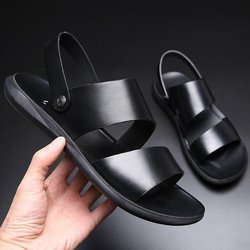 Sandalen Männer Leder 2024 Mode Vintage Männer Schuhe Hohe Qualität Weichen Komfort Casual Wohnungen Sommer Strand Hausschuhe 44 schwarz