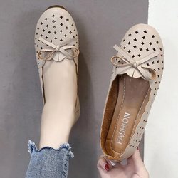 WTEMPO Damen-Einzelschuhe mit weicher Sohle, Frühling und Herbst, runde Zehenpartie, einfarbig, Schleife, Rüsche, Stern, Ausschnitt, niedriger Absatz, flache Schuhe, bequem und atmungsaktiv 40 apricot