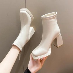 Damen Stiefeletten, Plateau, quadratisch, hoher Absatz, kurze Damenstiefel, Lack-PU-Leder, Damenstiefel, Schuhe für Damen 37 beige