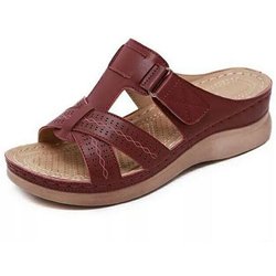 Bestellen Sie eine Nummer größer, Sommer-Frauen-Premium-orthopädische offene Zehensandalen, weibliche Hausschuhe, Schnallenriemen, Vintage-Anti-Rutsch-atmungsaktive Hausschuhe, Übergrößen-Sandalen 42 wein rot