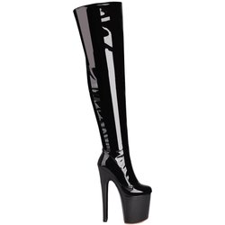 Sexy Overknee-Stiefel für Damen, 20 cm, High Heels, Pole Dance-Schuhe, dreifach plissiert, Lackleder, Motorradschuhe mit runder Spitze und Reißverschluss, Übergröße 43 schwarz