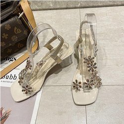 Sandalen Damen Sommer Rom Elastischer Riemen mit Schnalle Strass Blumen Transparent Dick mit Kristall High Heels 40 beige