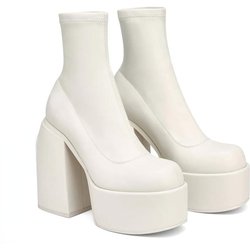 Modische, moderne Stiefel für Damen mit Plateauabsatz, runder Zehenpartie, Lederstiefel mit klobigen Absätzen, Reißverschluss, Designer-Schuhe mit Blockabsatz, modische Freizeitschuhe für Mädchen 38 weiß