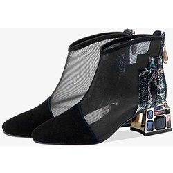 WTEMPO Damen Große Größe High Heel Mesh Stiefel Aushöhlen Sommer Kurze Stiefel Damen Schwarz Weiß Allgleiches Strass Dicken Absatz Sandalen 40 schwarz