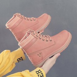 Herbst Winter Schuhe Frauen Stiefeletten Flache Marke Damen Mode Stiefel Dicke Sohle Schwarz Gelb Rosa Plus Größe 42 40 rosa