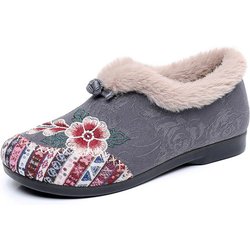 New Cotton Shoes for Women, Thickened with Fleece and Flat Embroidered Shoes, One-step Shoes 40 graue