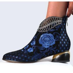 Große Damen-Schuhe im Vintage-Ethno-Stil mit klobigem Absatz und bestickten kurzen Stiefeln 41 blau