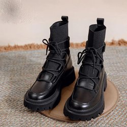 Frauen Stiefel Leder Schuhe Weibliche Plattformen Stiefeletten Fashion Lace Up Chunky Botas Damen Schwarz Plus Booties 35 schwarz