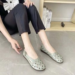 Runde Zehenpartie, weiche Sohle, Lochschuhe, Leinen, hohl, atmungsaktive Sandalen, Damen, handgefertigt, römische Schuhe, flache Sohle, Freizeitschuhe, Retro-Stil, Frühling/Sommer 40 grün
