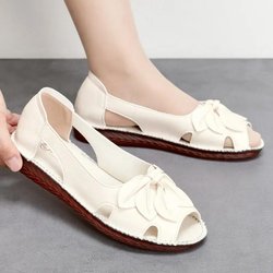 Weiche Sohle mit hohlem Fischmaul, rutschfeste Kuhsehnen-Unterseite, Damen-Arbeitsschuhe aus weichem Leder mit flachem Boden, Sommer 40 beige